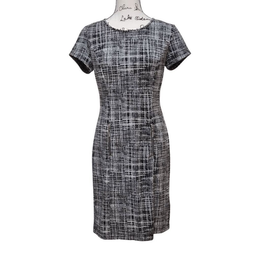 SHARAGANO Black and White Grid Print Zipper Decor Shift Office Dress SIZE 4 - Picture 12 of 12